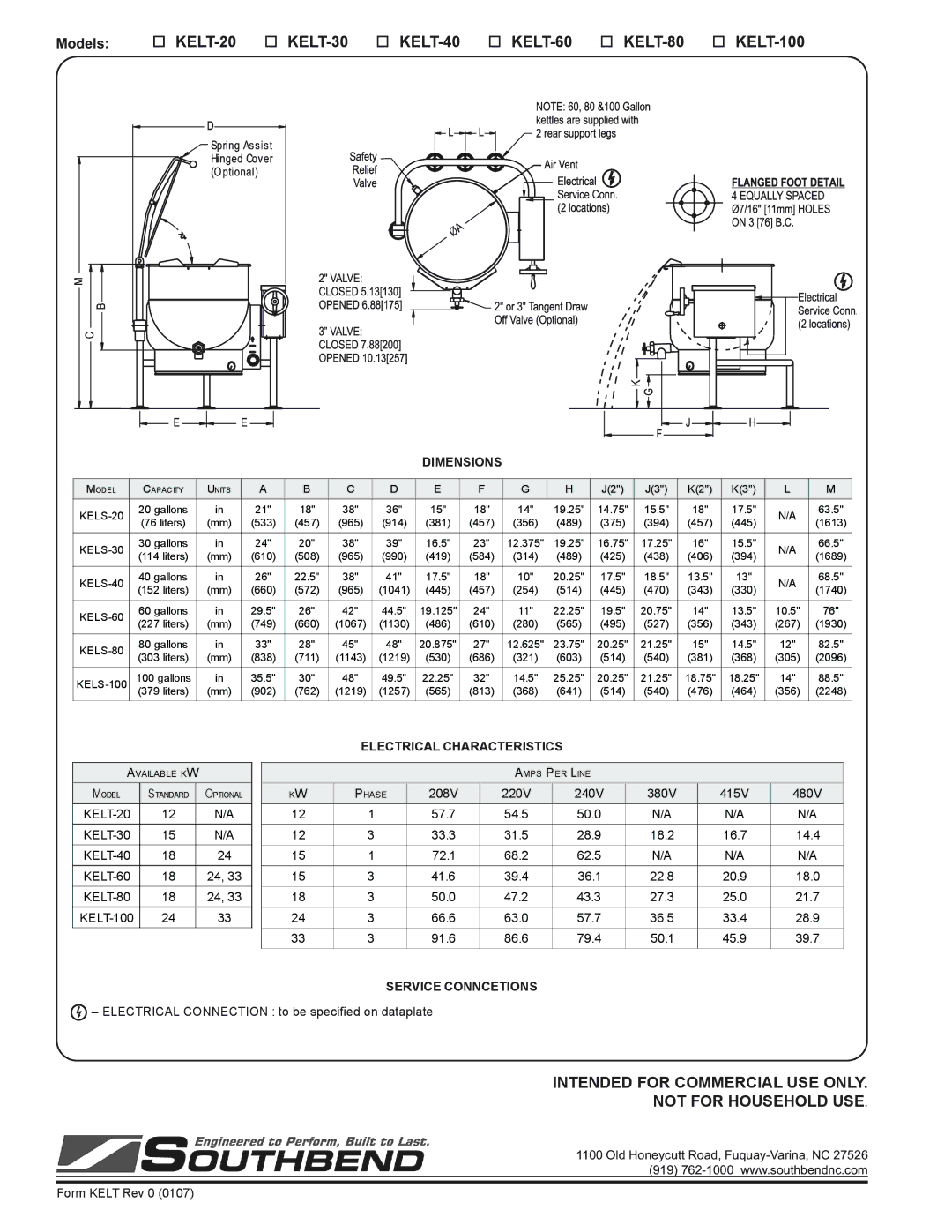 Southbend KELT-100 Dimensions, Electrical Characteristics, KELT-20 KELT-30 KELT-40 KELT-60 KELT-80, Service Conncetions 