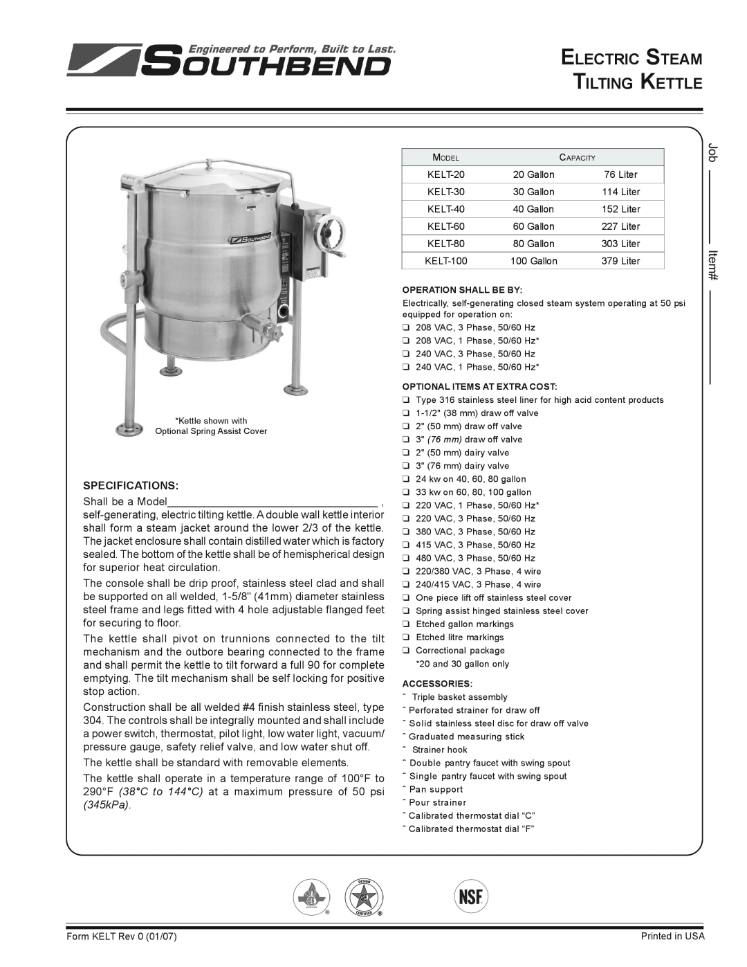 Southbend KELT-20, KELT-30, KELT-100, KELT-60 specifications Specifications, Electric Steam Tilting Kettle, Job Item# 