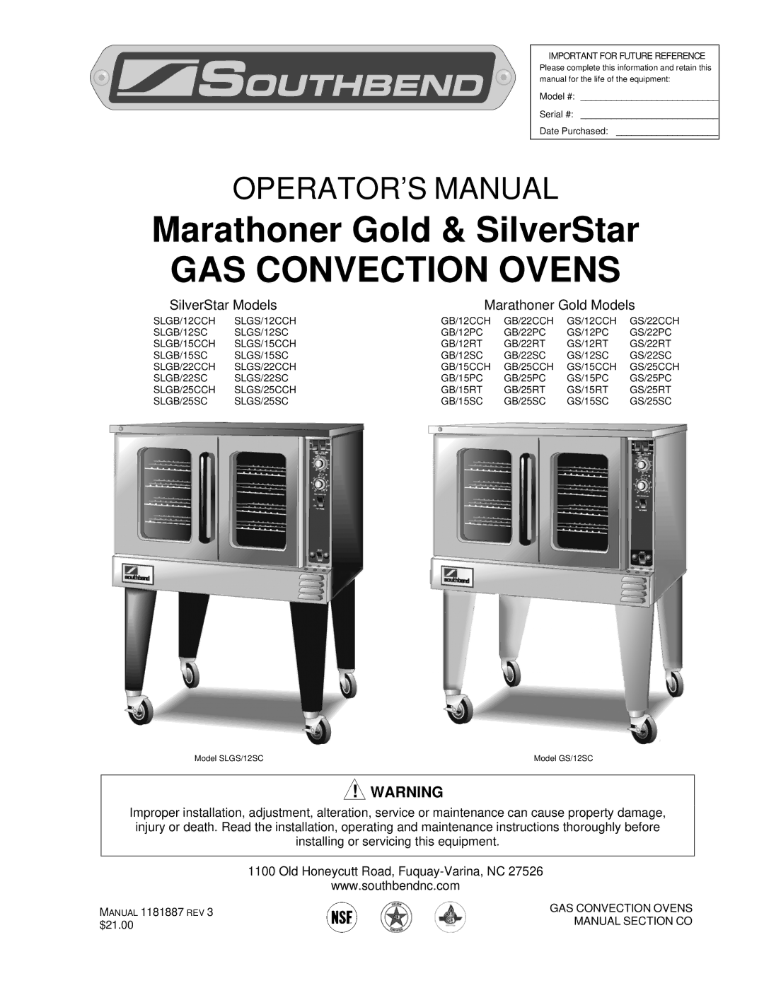 Southbend Marathoner manual GAS Convection Ovens 