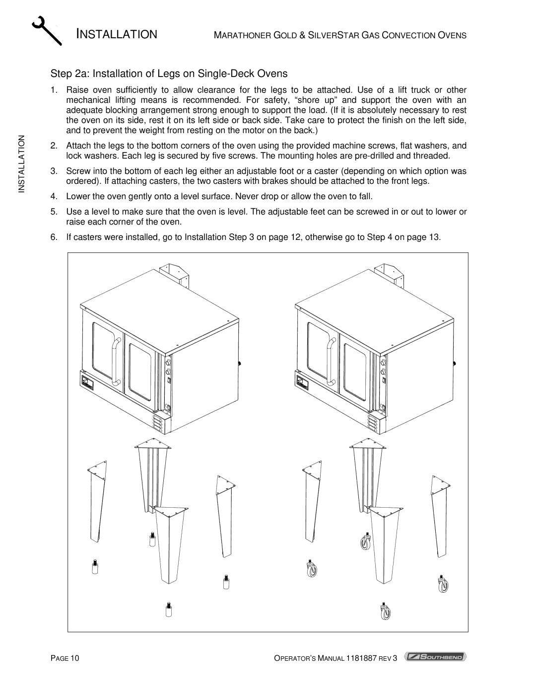 Southbend Marathoner manual Installation of Legs on Single-Deck Ovens 