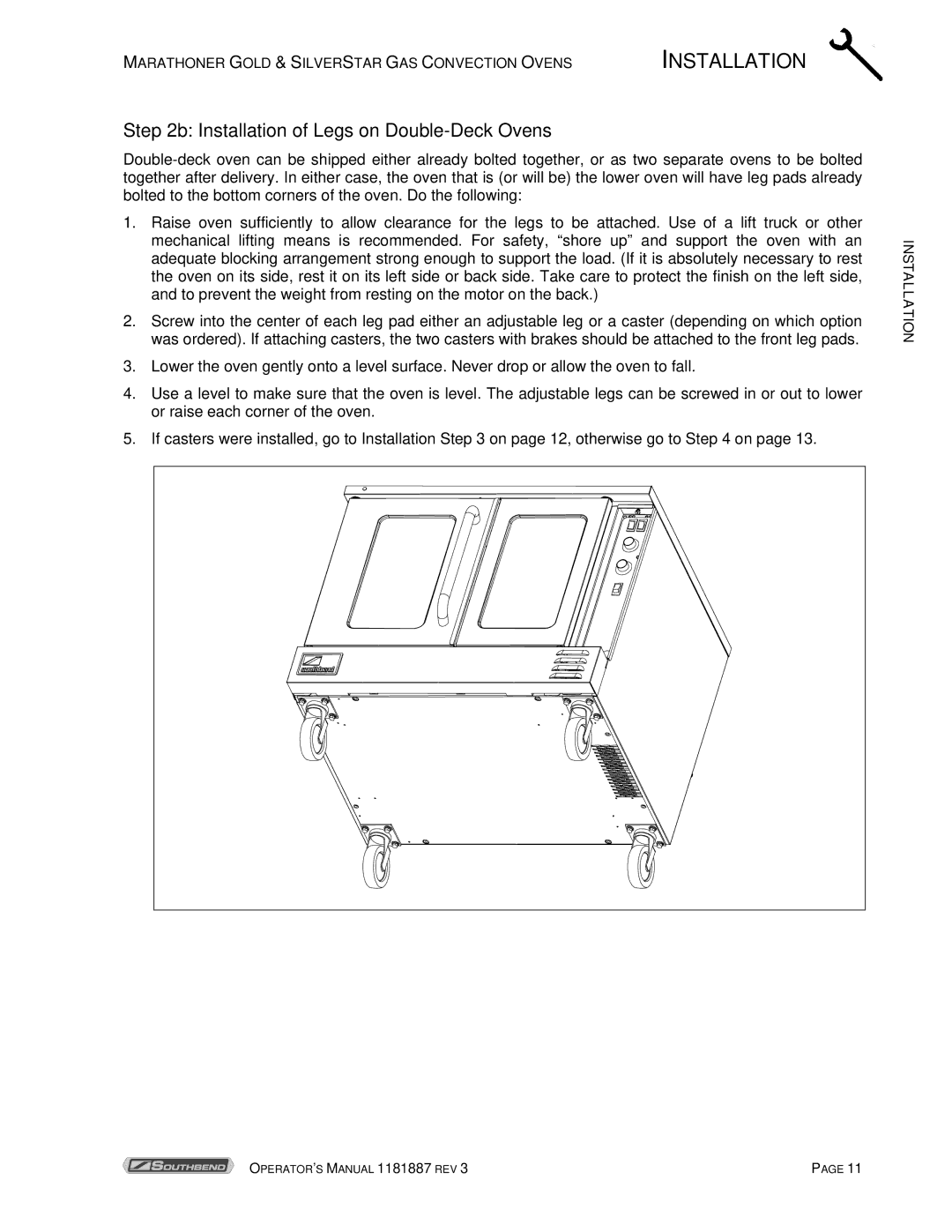 Southbend Marathoner manual Installation of Legs on Double-Deck Ovens 