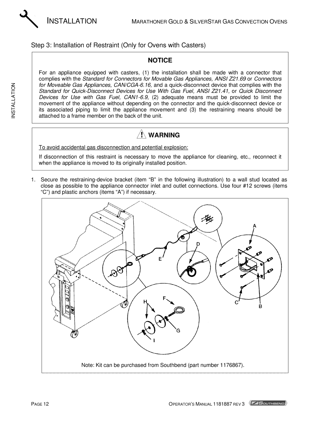 Southbend Marathoner manual Installation of Restraint Only for Ovens with Casters 