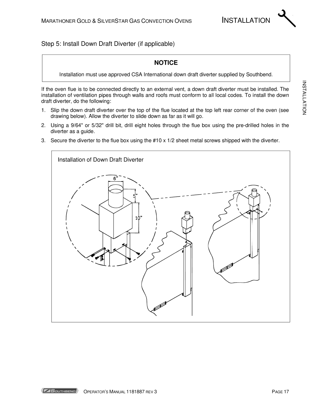 Southbend Marathoner manual Install Down Draft Diverter if applicable 