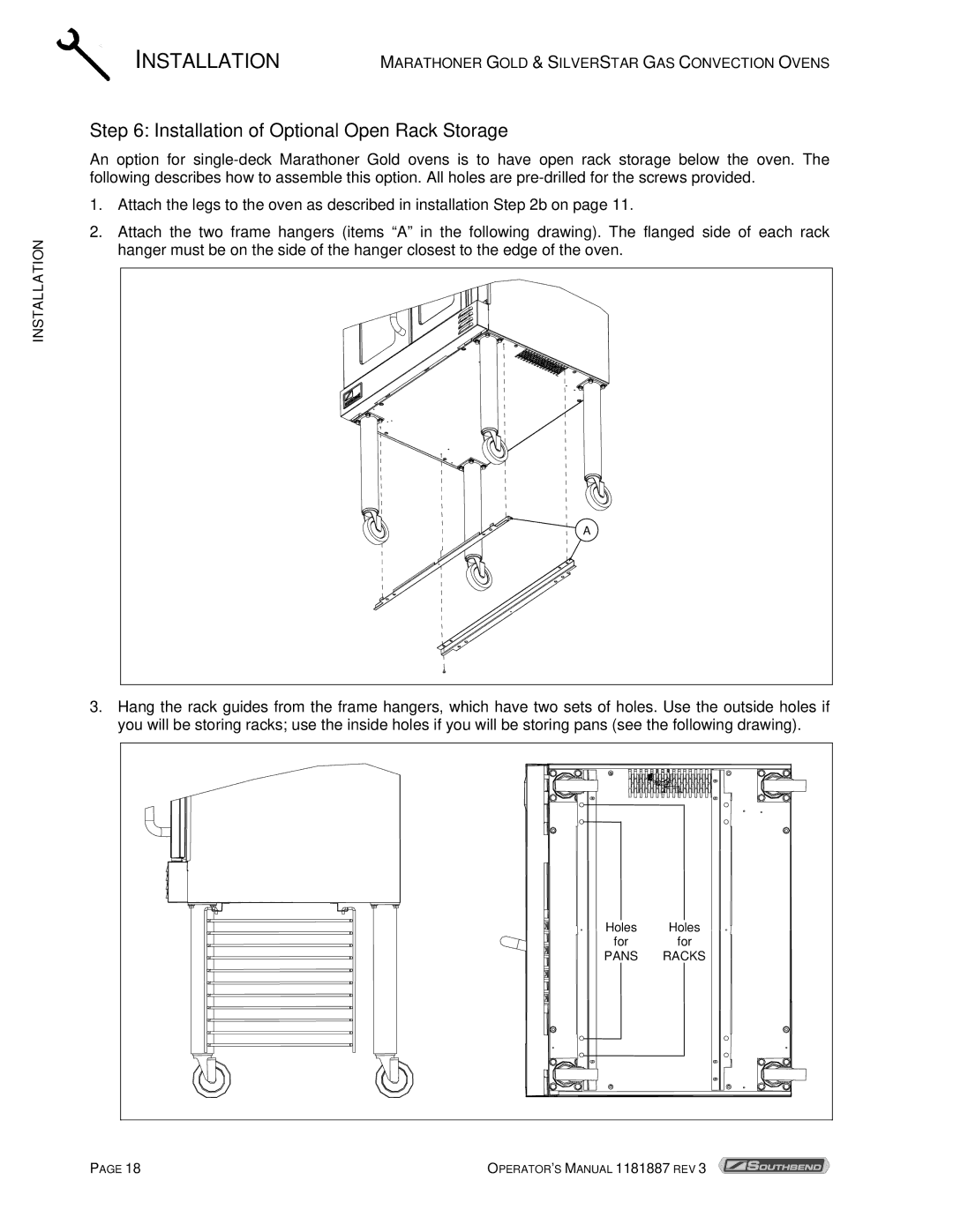 Southbend Marathoner manual Installation of Optional Open Rack Storage 