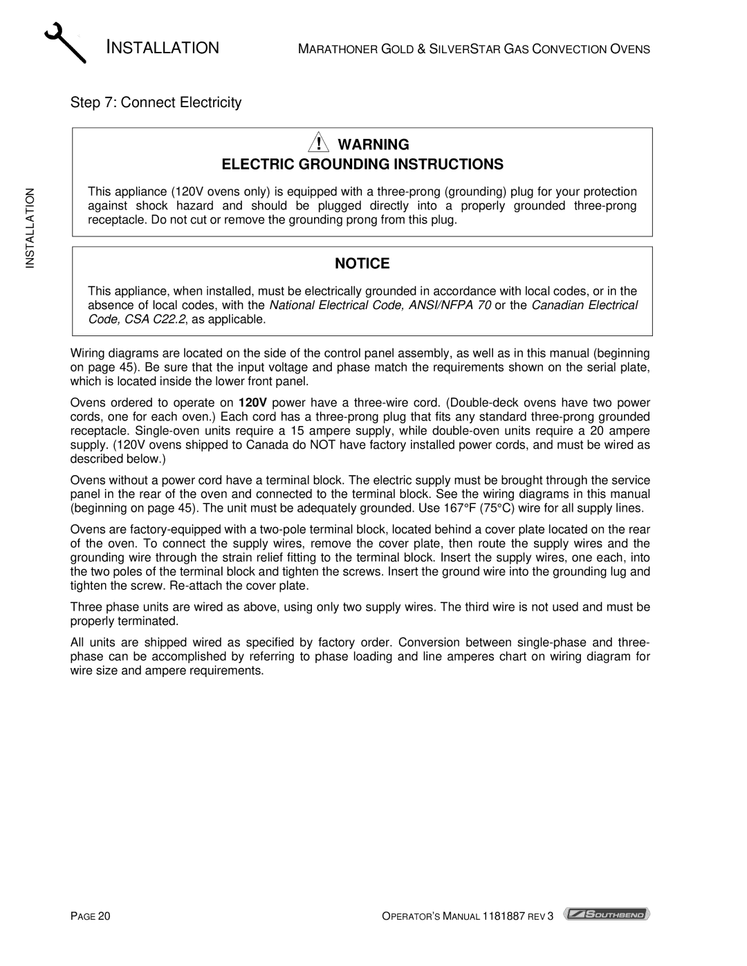 Southbend Marathoner manual Connect Electricity, Electric Grounding Instructions 