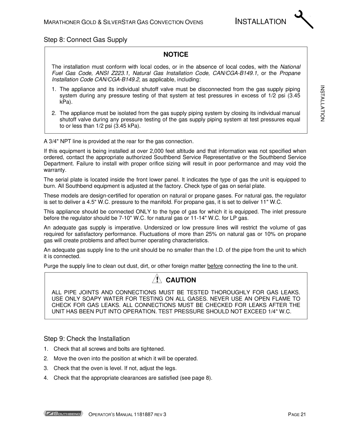 Southbend Marathoner manual Connect Gas Supply, Check the Installation 