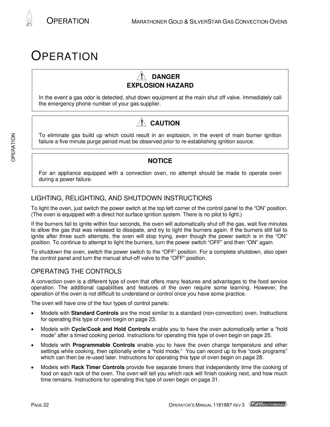 Southbend Marathoner manual Operation, LIGHTING, RELIGHTING, and Shutdown Instructions, Operating the Controls 