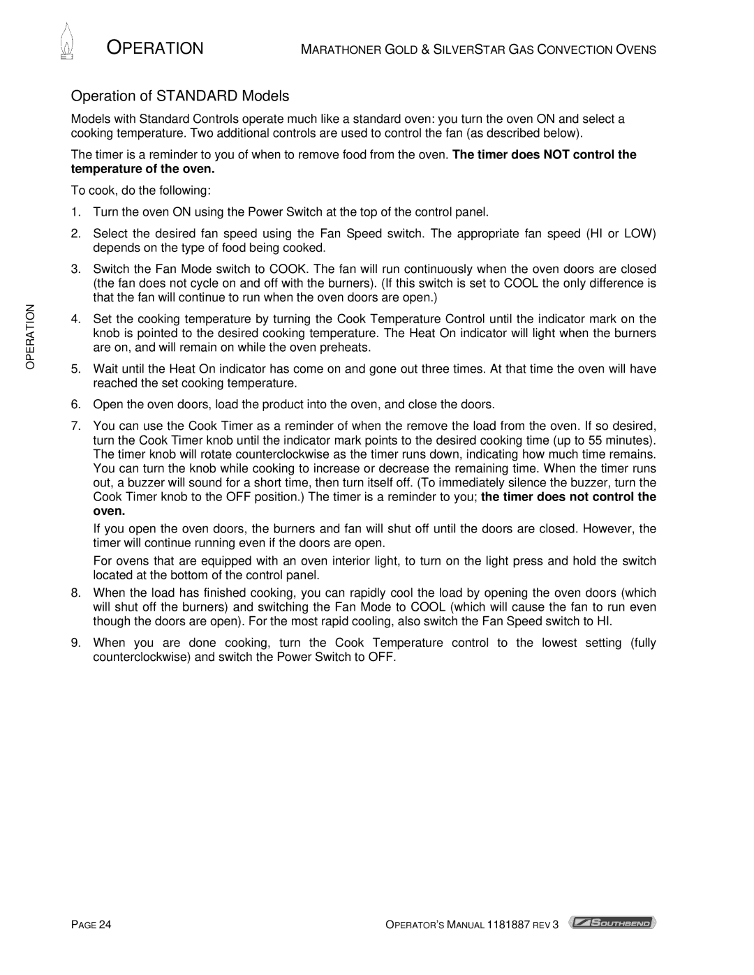 Southbend Marathoner manual Operation of Standard Models, Temperature of the oven 