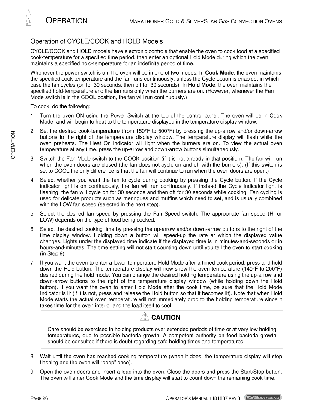 Southbend Marathoner manual Operation of CYCLE/COOK and Hold Models 