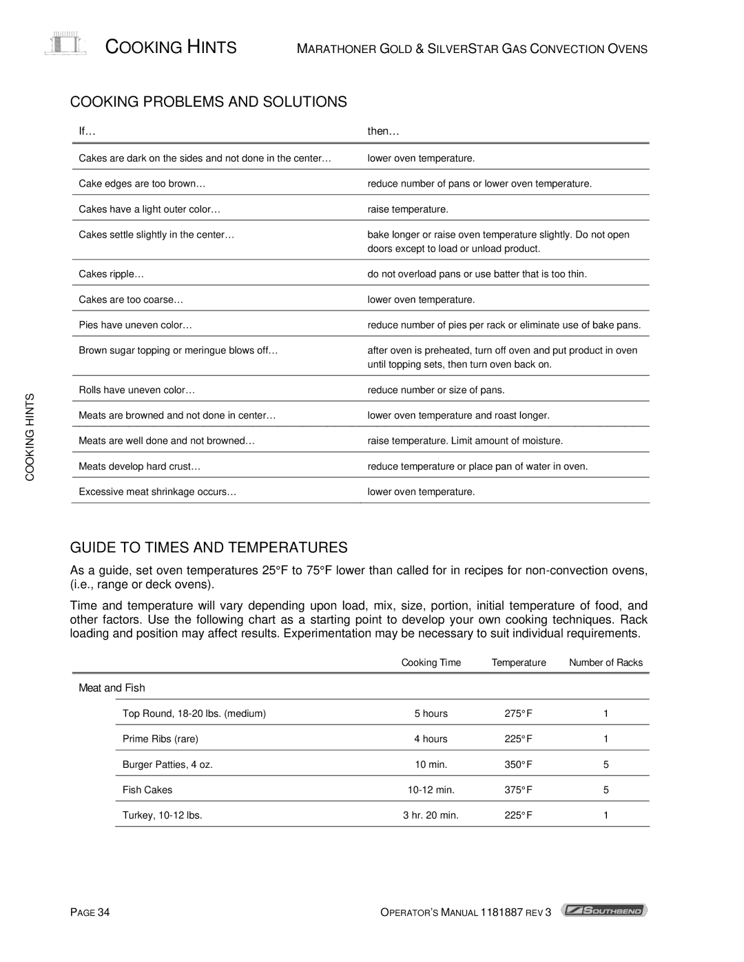 Southbend Marathoner manual Cooking Problems and Solutions, Guide to Times and Temperatures 