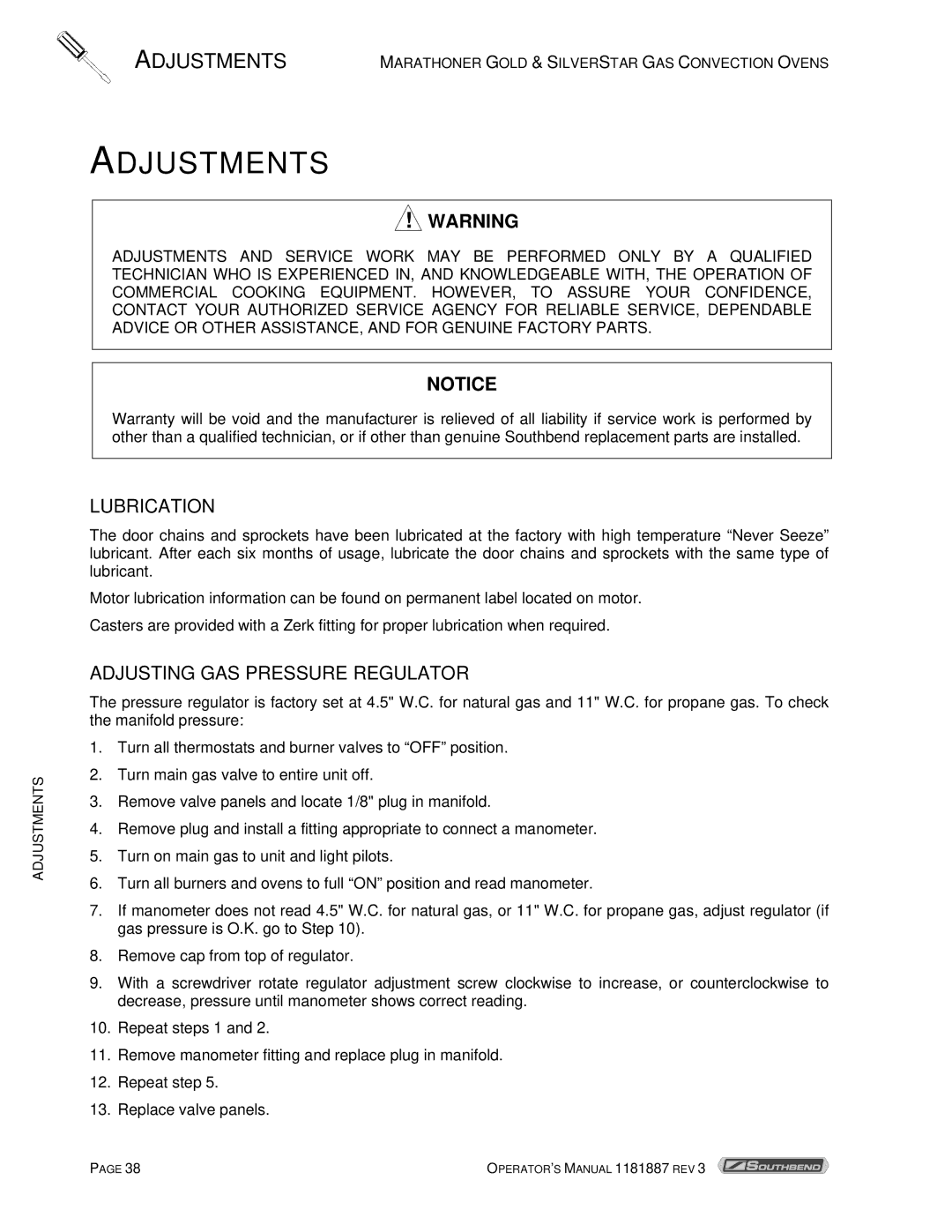 Southbend Marathoner manual Adjustments, Lubrication, Adjusting GAS Pressure Regulator 