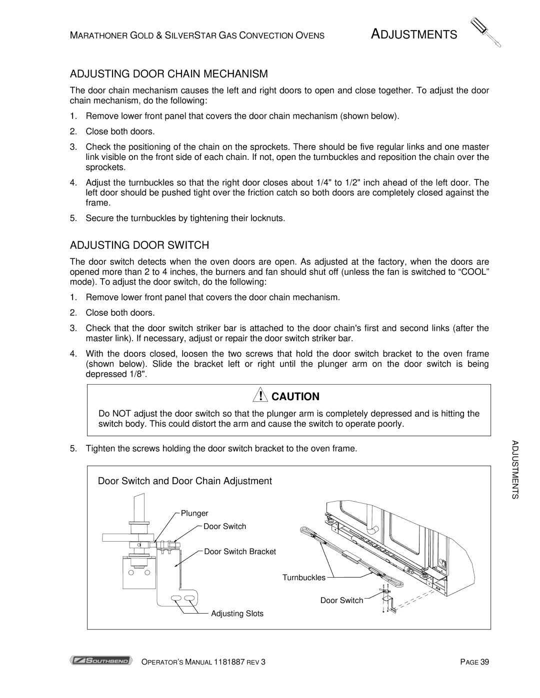 Southbend Marathoner manual Adjusting Door Chain Mechanism, Adjusting Door Switch 