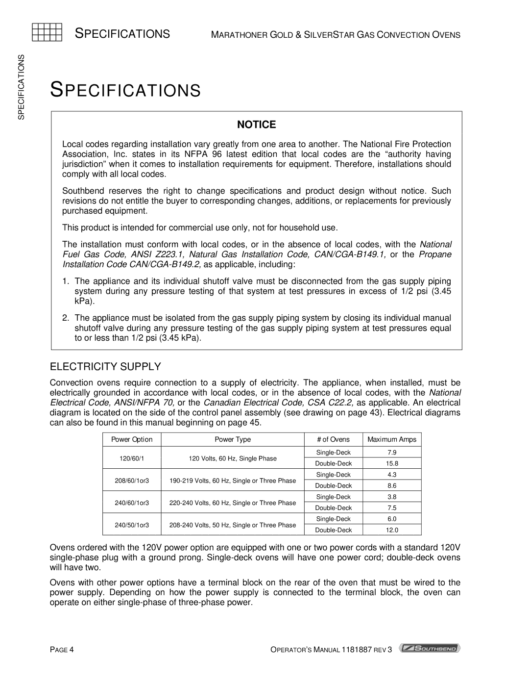 Southbend Marathoner manual Specifications, Electricity Supply 