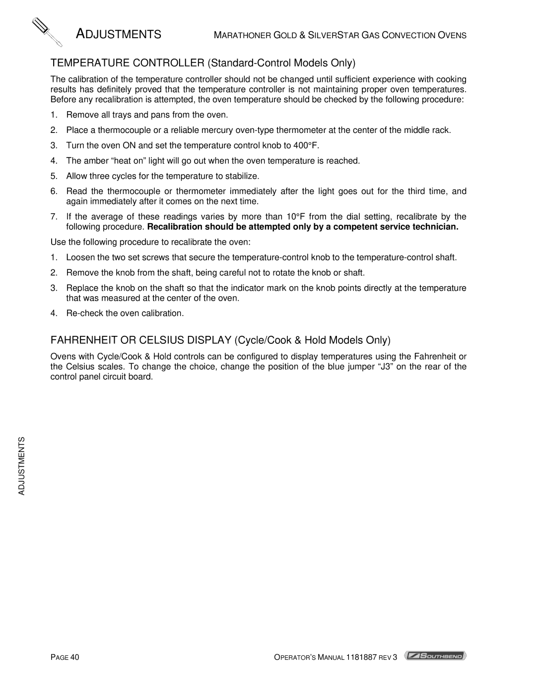 Southbend Marathoner manual Temperature Controller Standard-Control Models Only 