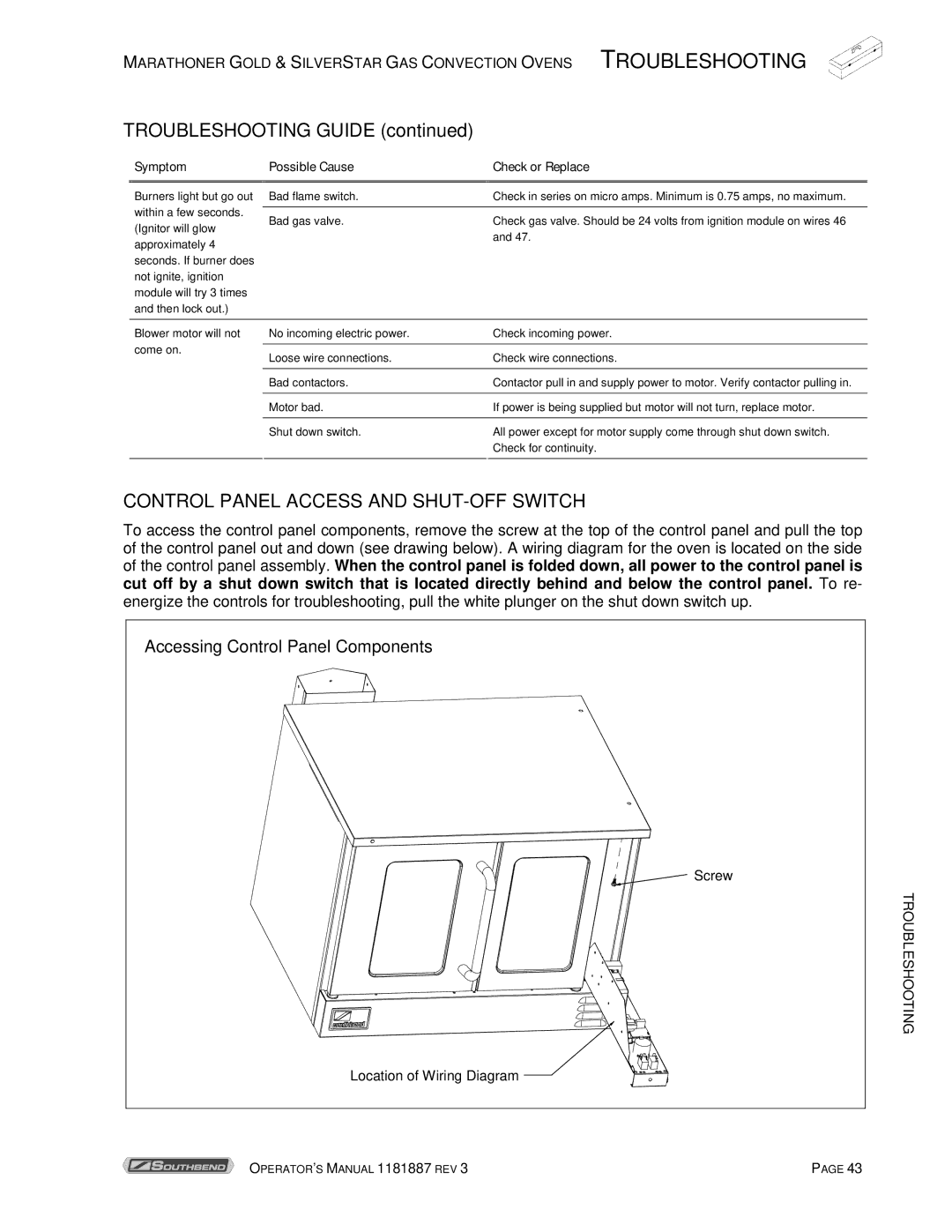 Southbend Marathoner manual Troubleshooting Guide, Control Panel Access and SHUT-OFF Switch 