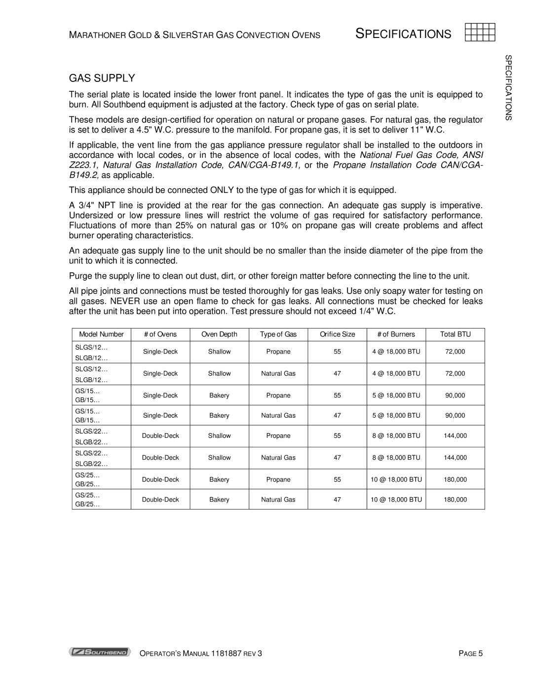 Southbend Marathoner manual GAS Supply, Model Number # of Ovens Oven Depth Type of Gas Orifice Size 