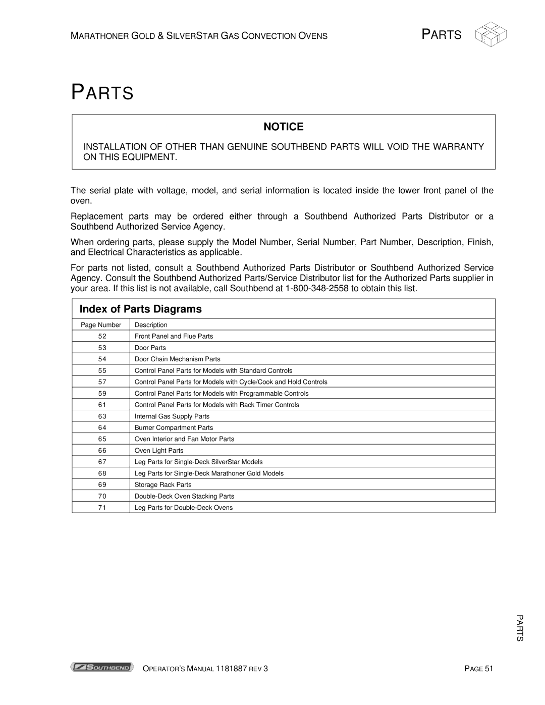 Southbend Marathoner manual Index of Parts Diagrams 