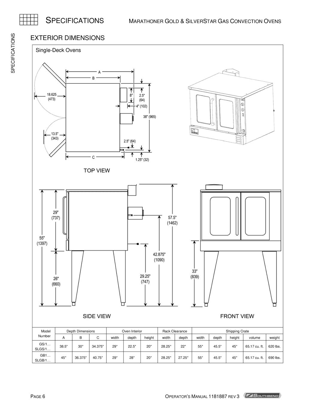 Southbend Marathoner manual Exterior Dimensions, Single-Deck Ovens 