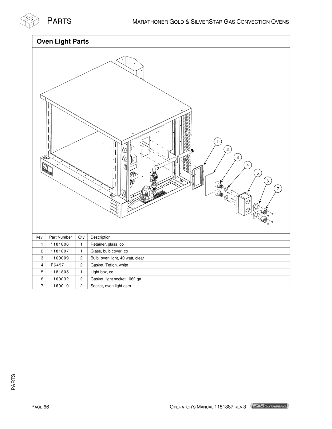 Southbend Marathoner manual Oven Light Parts 