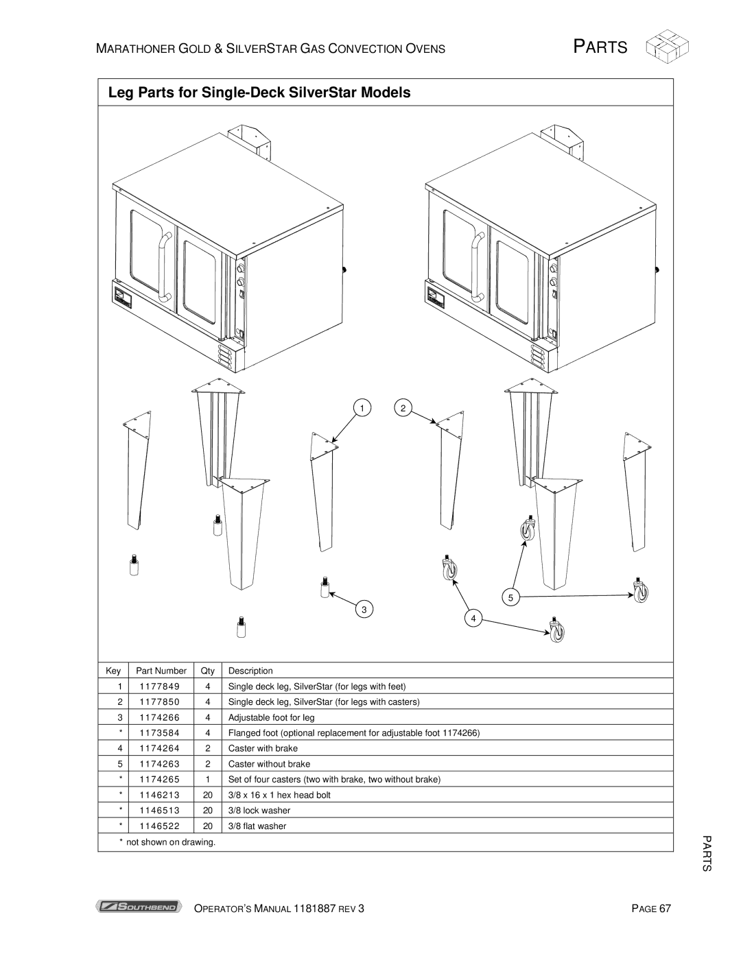 Southbend Marathoner manual Leg Parts for Single-Deck SilverStar Models 