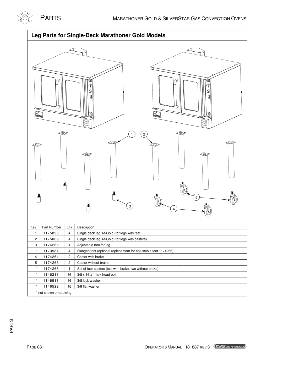 Southbend manual Leg Parts for Single-Deck Marathoner Gold Models 