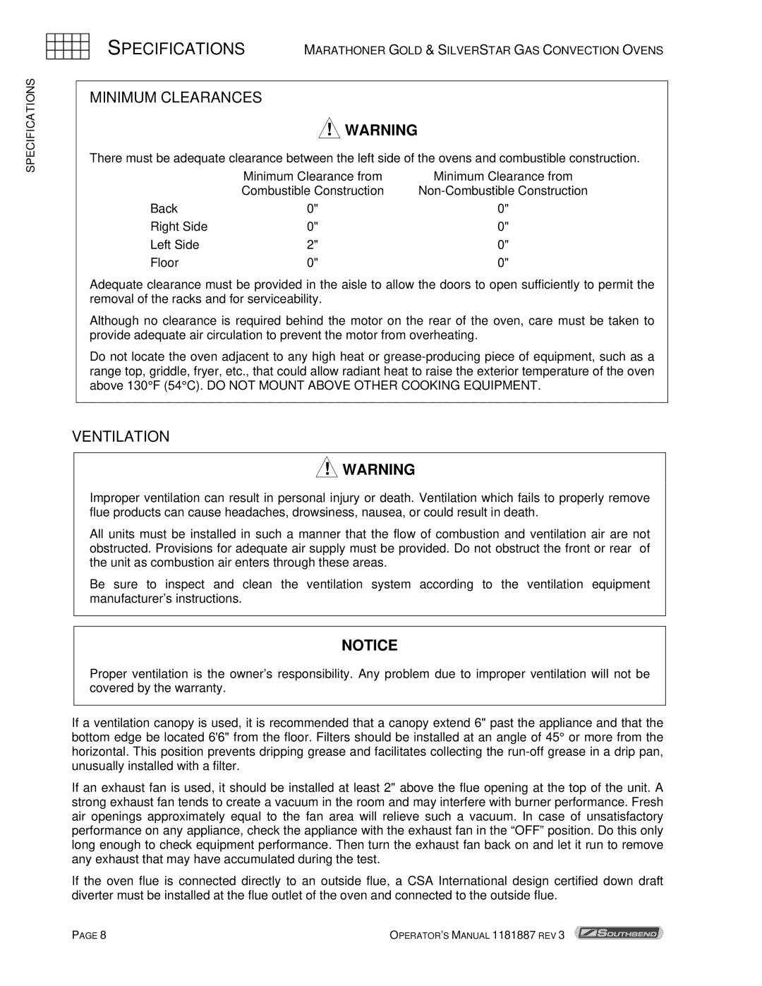 Southbend Marathoner manual Minimum Clearances, Ventilation 