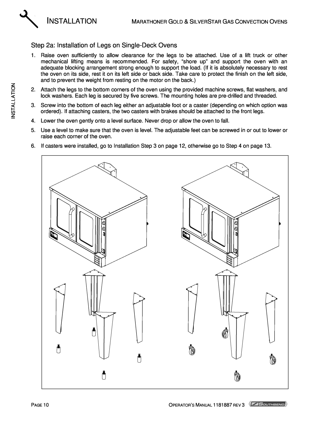 Southbend Marathoner manual a Installation of Legs on Single-Deck Ovens 