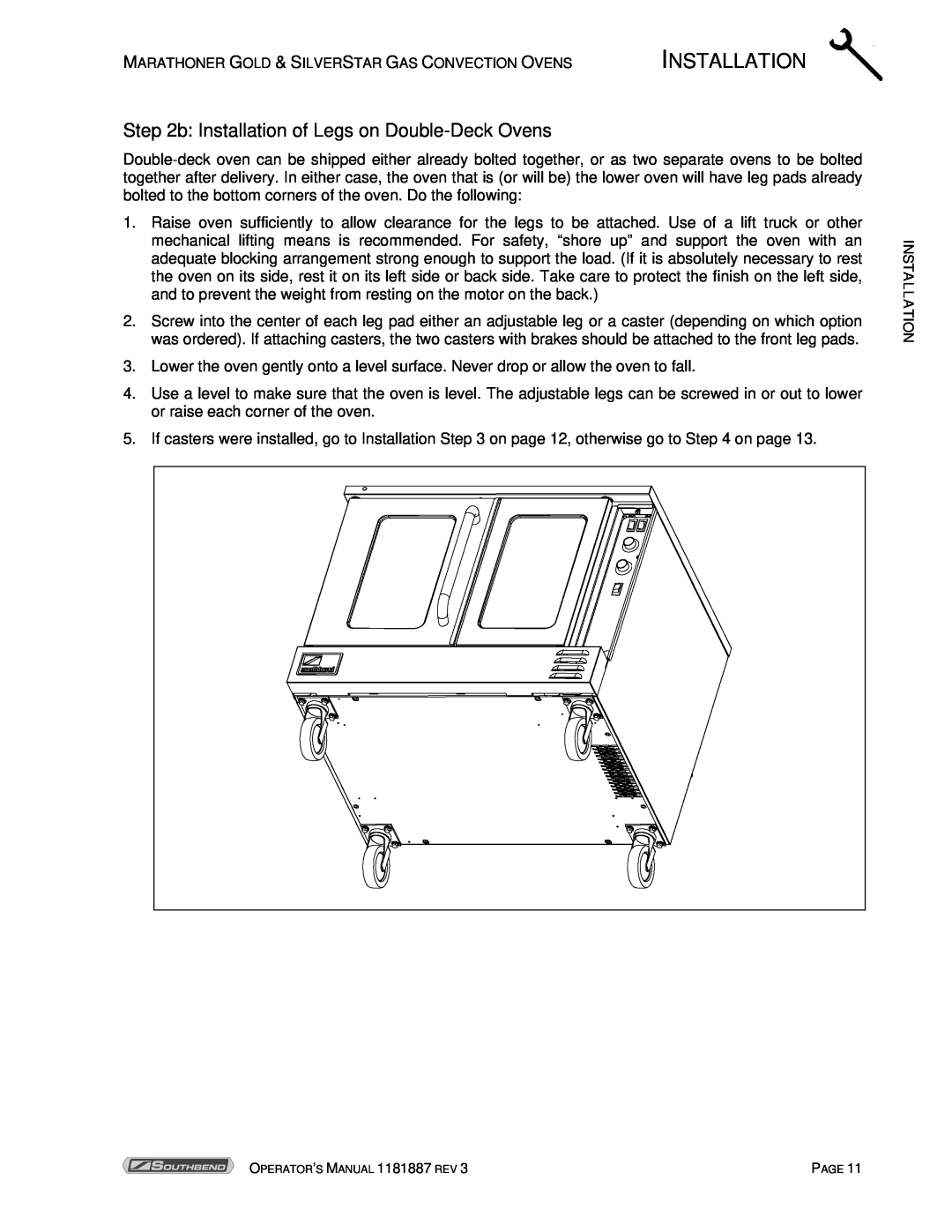 Southbend Marathoner manual b Installation of Legs on Double-Deck Ovens, Page 