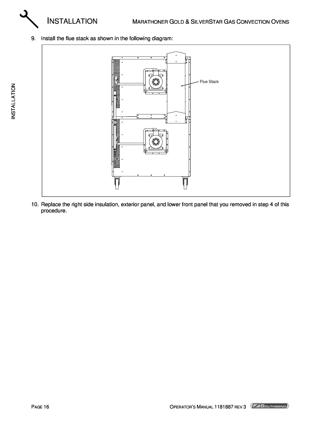 Southbend Marathoner manual Installation, Install the flue stack as shown in the following diagram, Flue Stack, Page 
