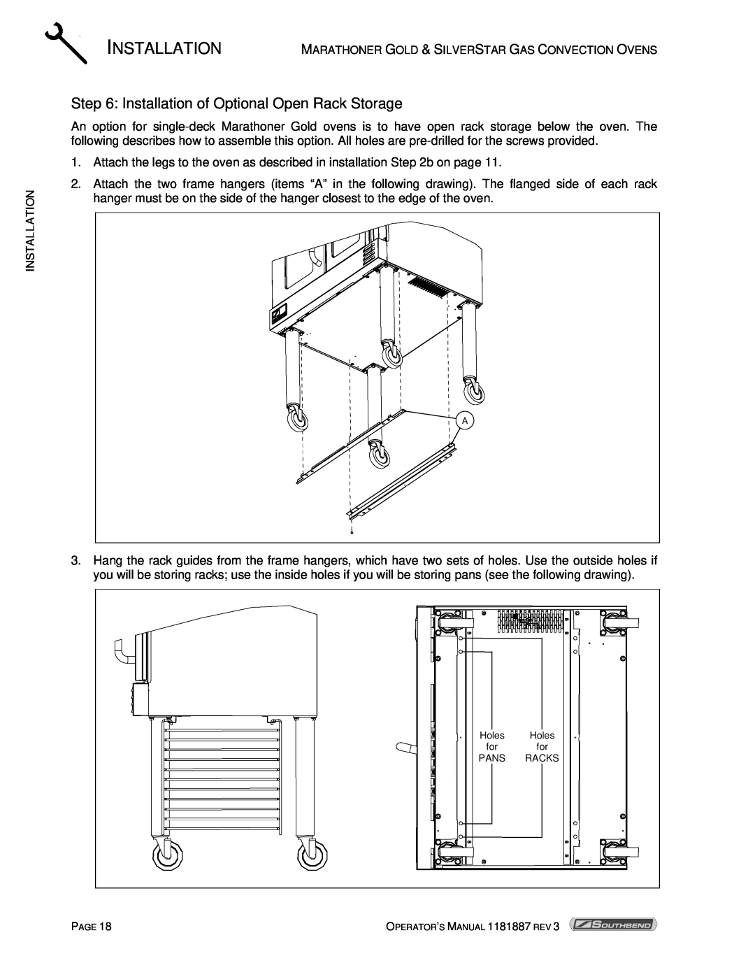 Southbend Marathoner manual Installation of Optional Open Rack Storage 