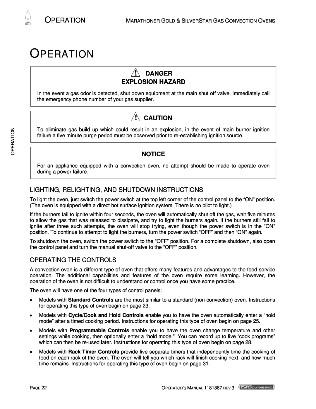 Southbend Marathoner manual Operation, Danger Explosion Hazard, Lighting, Relighting, And Shutdown Instructions 