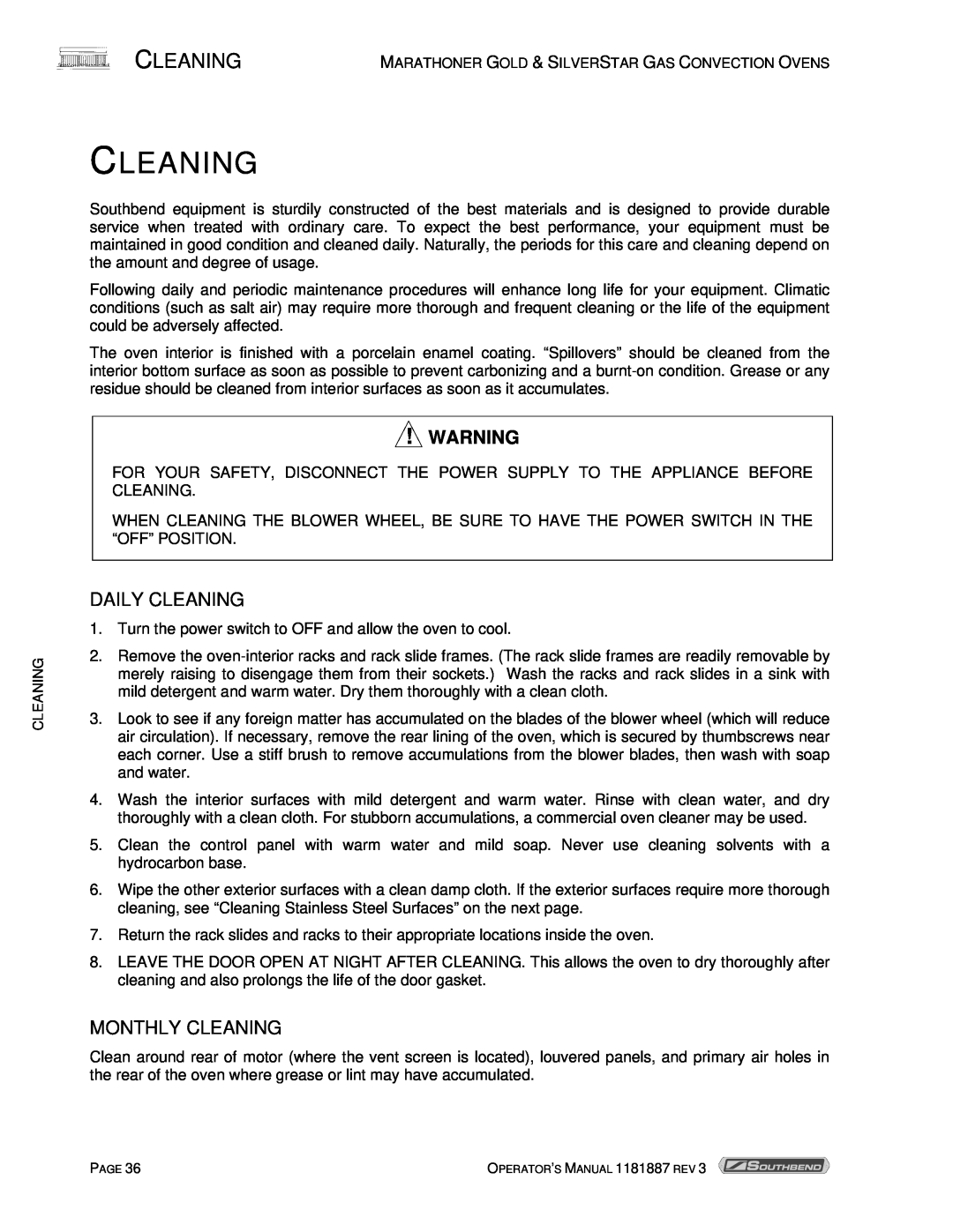 Southbend Marathoner manual Daily Cleaning, Monthly Cleaning 