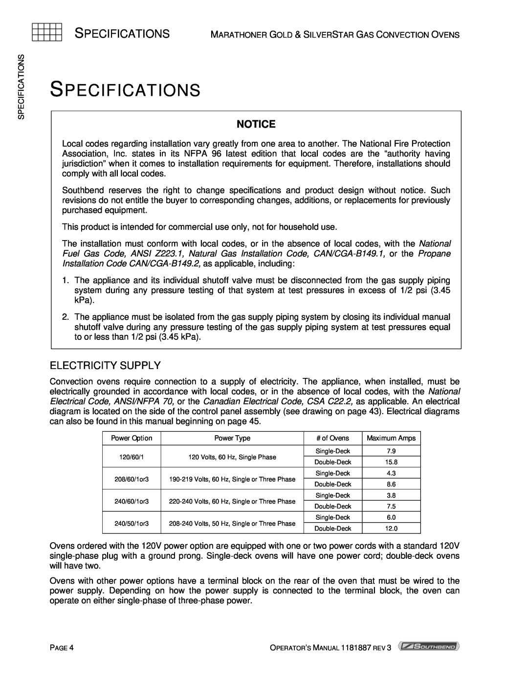 Southbend Marathoner manual Specifications, Electricity Supply 