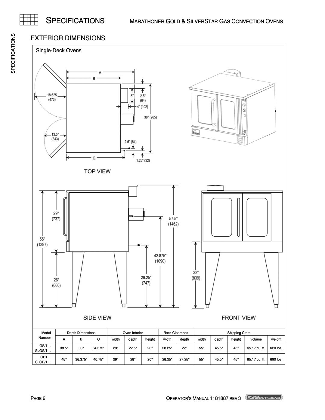Southbend Marathoner manual Exterior Dimensions, Specifications, Single-Deck Ovens 