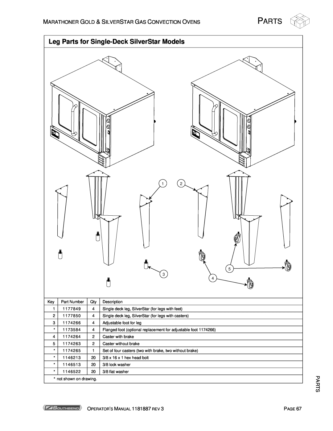 Southbend Marathoner Leg Parts for Single-Deck SilverStar Models, not shown on drawing, 3/8 lock washer 3/8 flat washer 