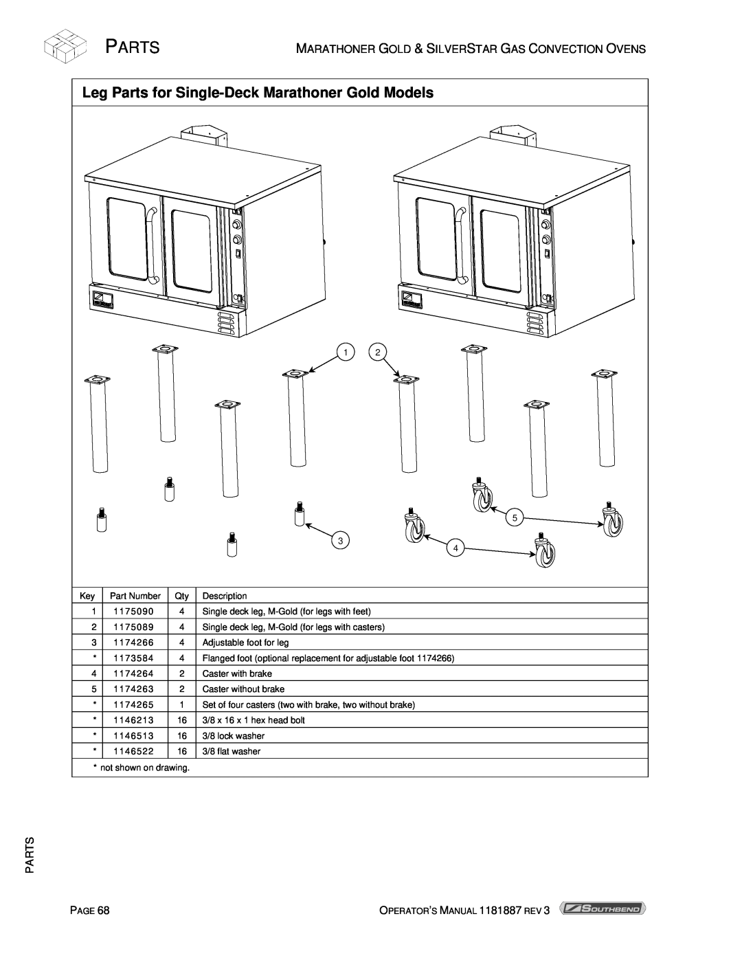 Southbend manual Leg Parts for Single-Deck Marathoner Gold Models 