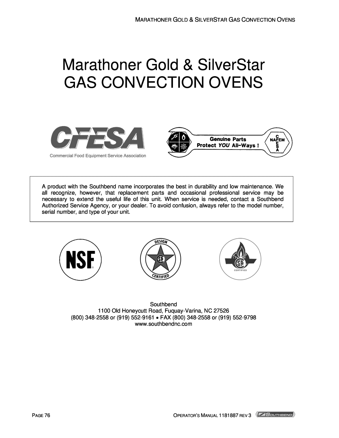 Southbend manual Marathoner Gold & SilverStar GAS CONVECTION OVENS 