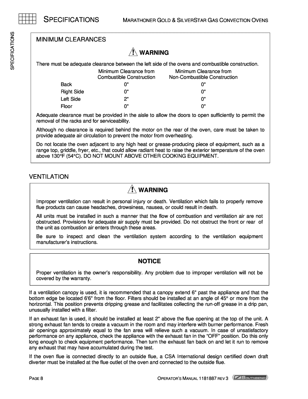 Southbend Marathoner manual Minimum Clearances, Ventilation, Specifications 