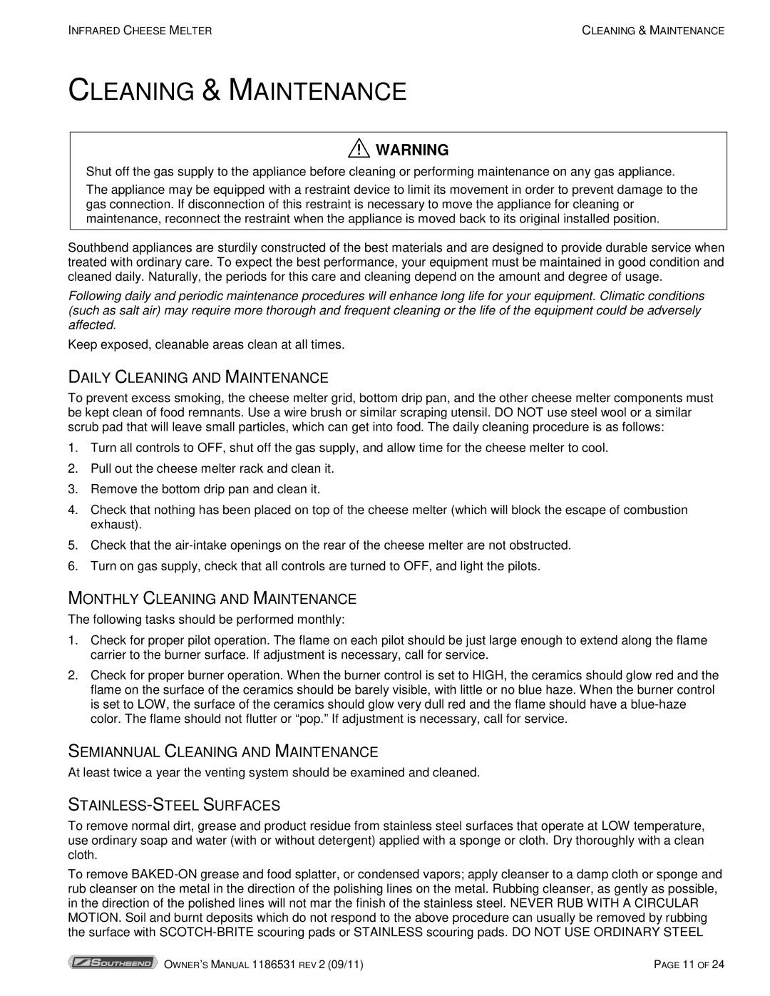Southbend P24-CM manual Cleaning & Maintenance, Daily Cleaning and Maintenance, Monthly Cleaning and Maintenance 