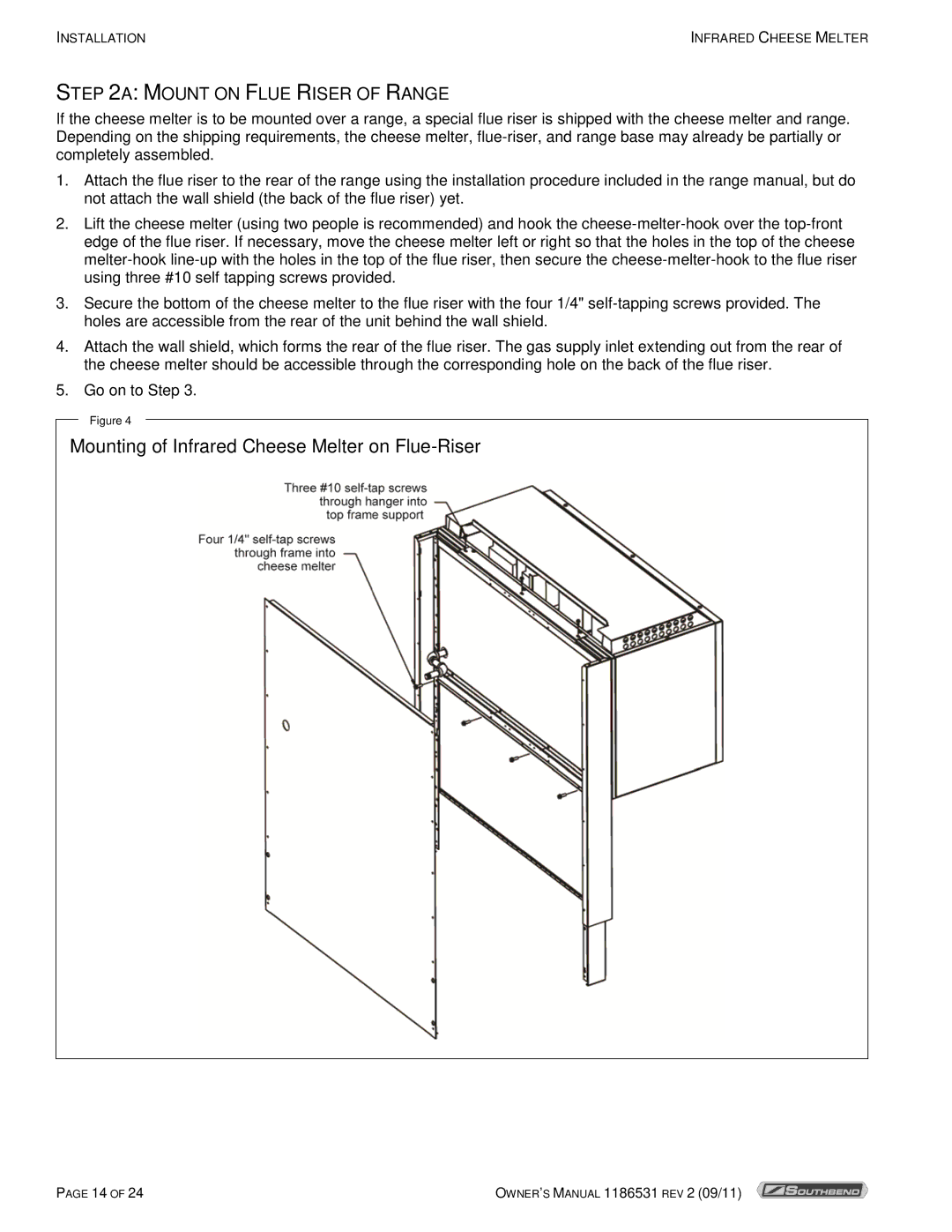 Southbend P24-CM manual Mounting of Infrared Cheese Melter on Flue-Riser, Mount on Flue Riser of Range 