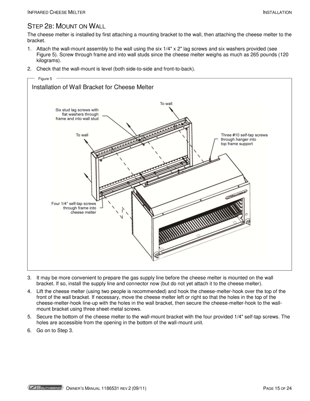 Southbend P24-CM manual Installation of Wall Bracket for Cheese Melter, Mount on Wall 