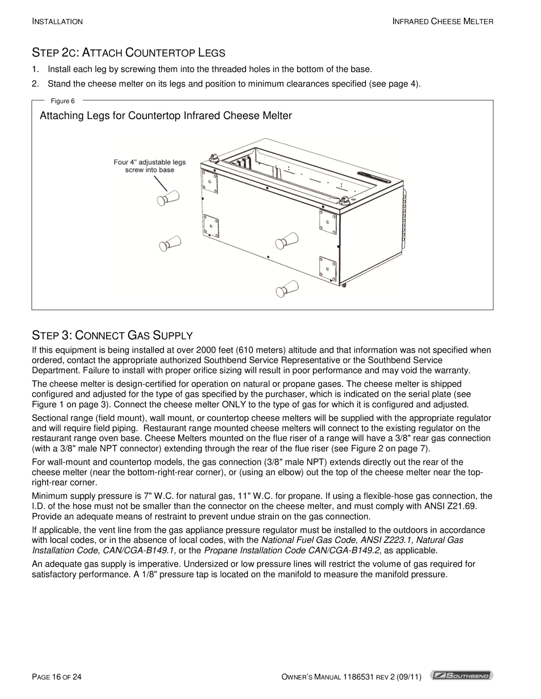 Southbend P24-CM manual Attaching Legs for Countertop Infrared Cheese Melter, Attach Countertop Legs, Connect GAS Supply 