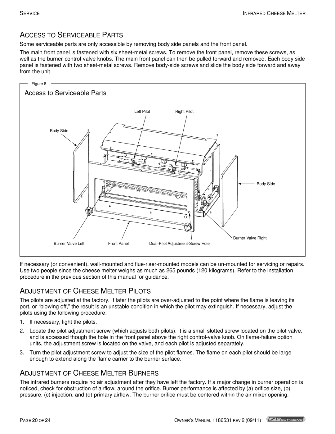 Southbend P24-CM Access to Serviceable Parts, Adjustment of Cheese Melter Pilots, Adjustment of Cheese Melter Burners 