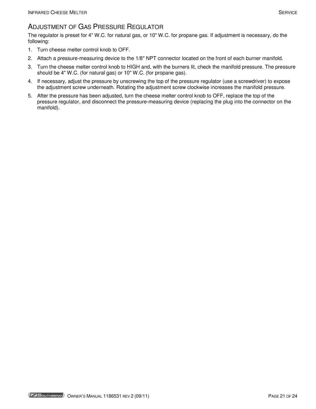 Southbend P24-CM manual Adjustment of GAS Pressure Regulator 