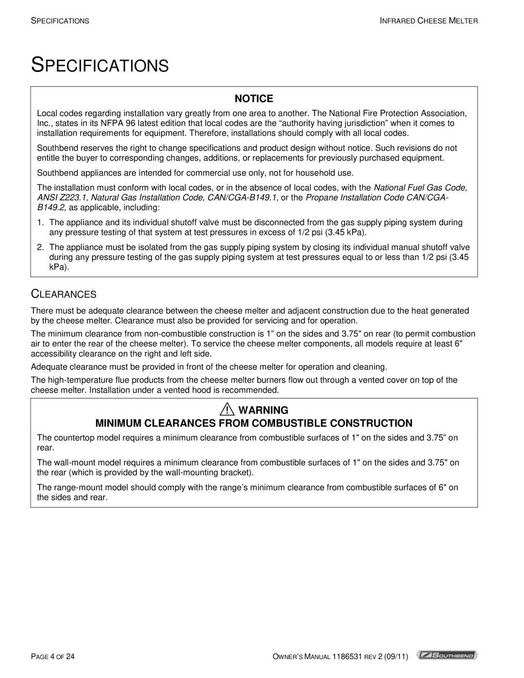 Southbend P24-CM manual Specifications, Clearances 