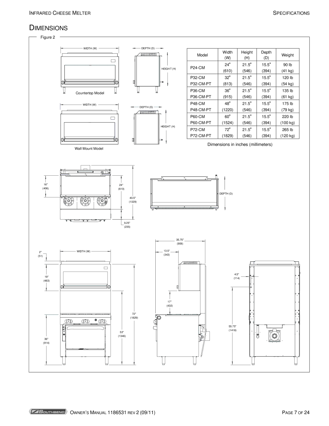 Southbend P24-CM manual Dimensions, P72-CM-PT 