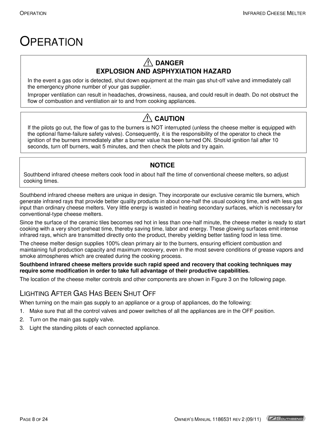 Southbend P24-CM manual Operation, Lighting After GAS has Been Shut OFF 