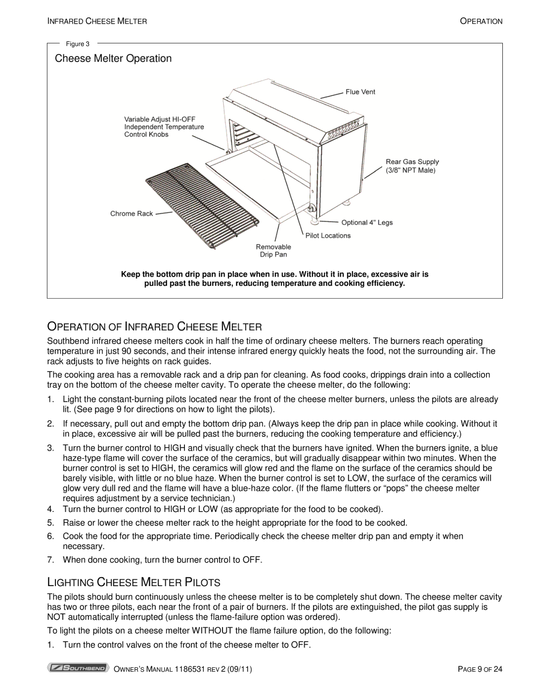 Southbend P24-CM manual Cheese Melter Operation, Operation of Infrared Cheese Melter, Lighting Cheese Melter Pilots 