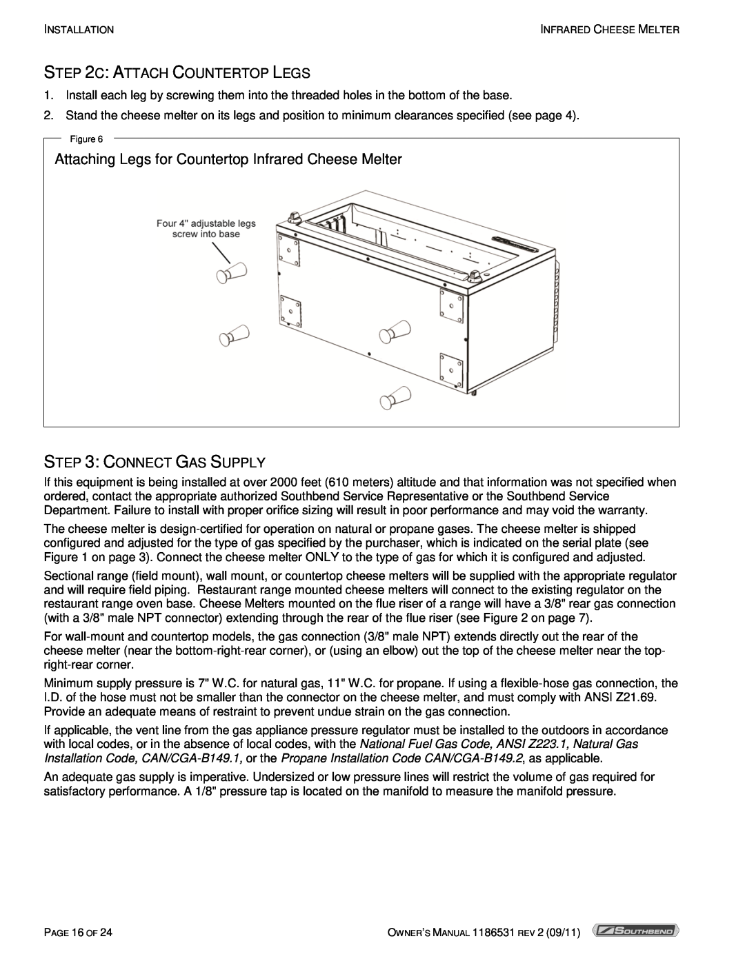 Southbend P24-CM manual Attaching Legs for Countertop Infrared Cheese Melter, C Attach Countertop Legs, Connect Gas Supply 