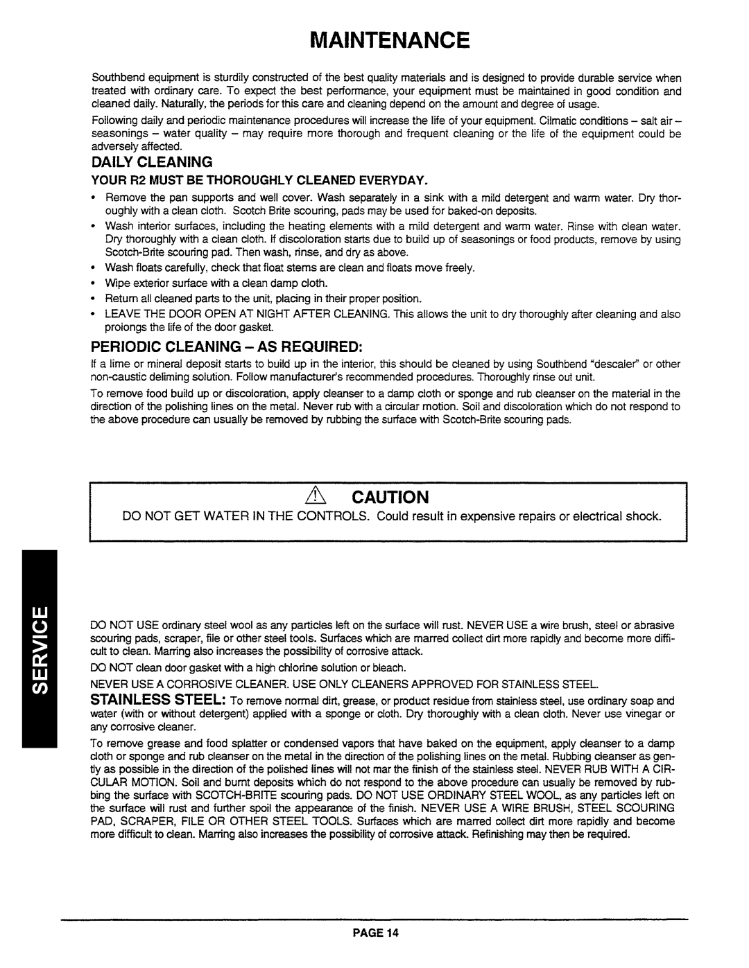 Southbend manual Daily Cleaning, Periodic Cleaning AS Required, Your R2 Must be Thoroughly Cleaned Everyday 